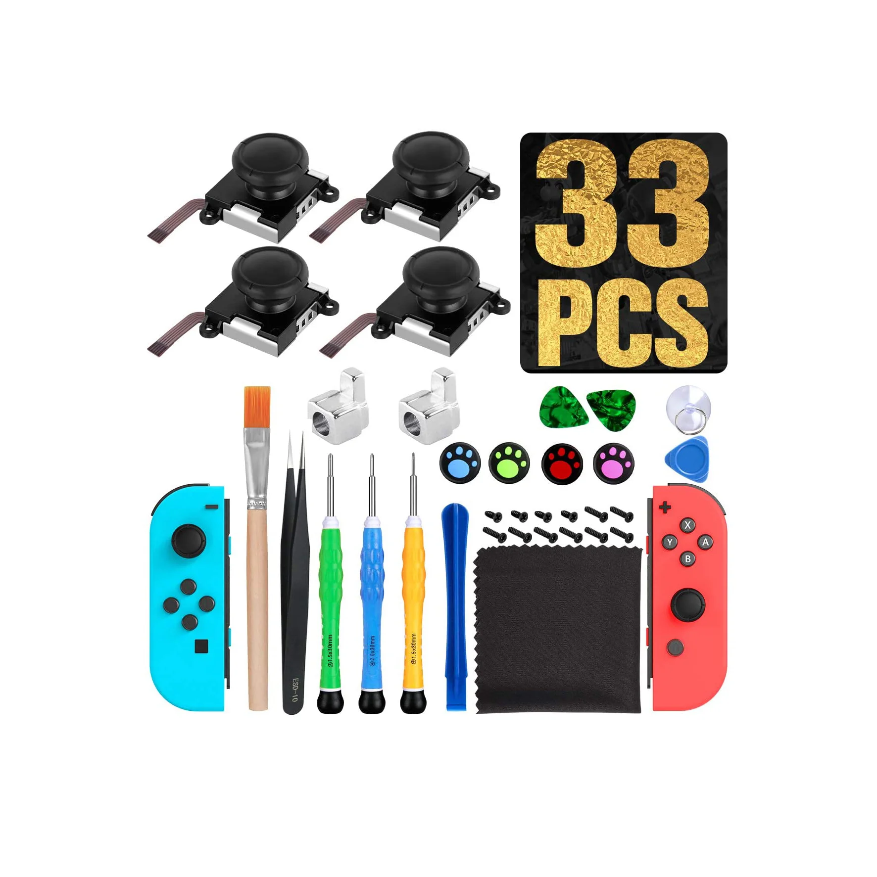 Joystick Replacement 33 PCS Repair Kit 4 Pack Analog Sticks Left Right Thumb Sticks for Nintendo Switch Joy Con