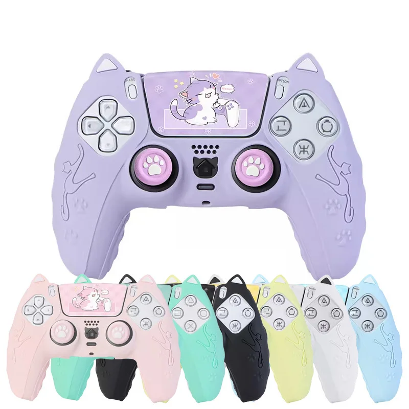 Cute Cat Ear Ergonomic Silicone Controller Skin with Touchpad Decal for PS5