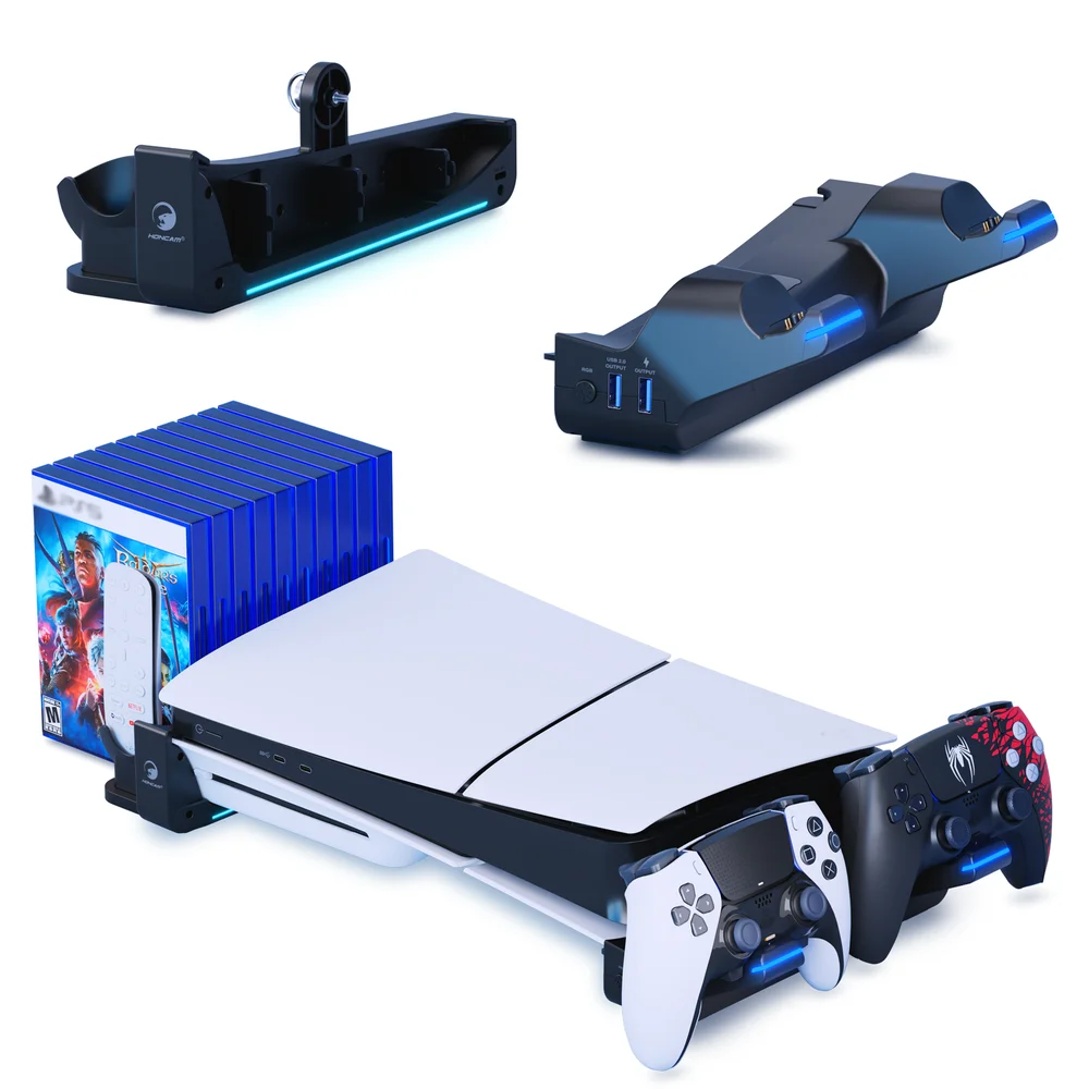 Horizontal Stand and Fast Charging Station 2 USB-A Port Storage Remote Game Boxes for