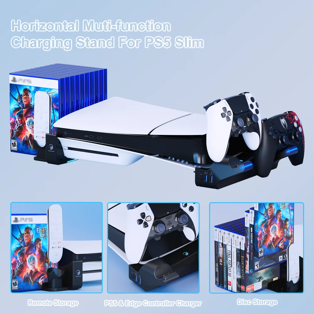 Horizontal Stand and Fast Charging Station 2 USB-A Port Storage Remote Game Boxes for - Gallery Image 2