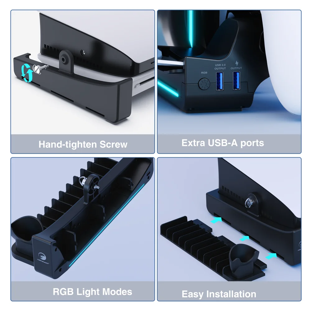 Horizontal Stand and Fast Charging Station 2 USB-A Port Storage Remote Game Boxes for - Gallery Image 6