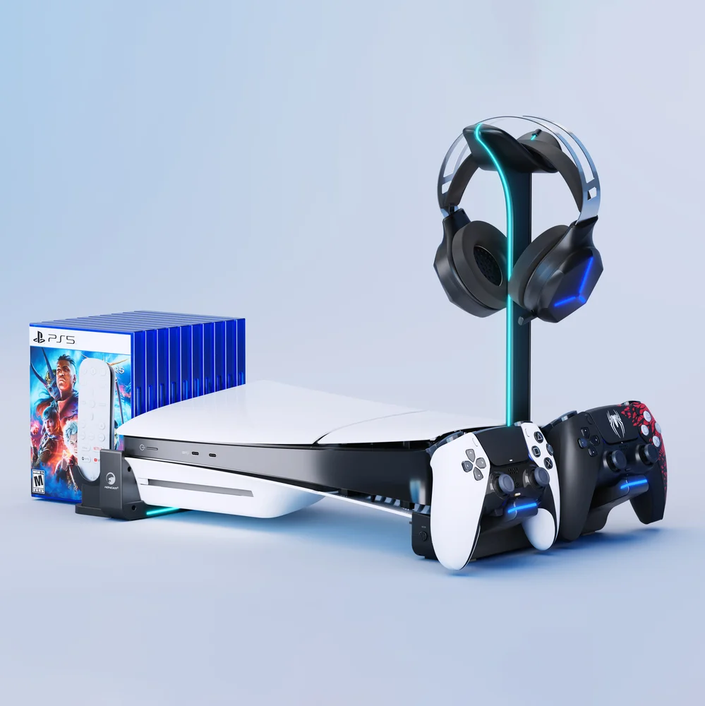 PS5 Horizontal Stand Click in Charging Dock Base Storage Game Boxes Headset Holder Remote for