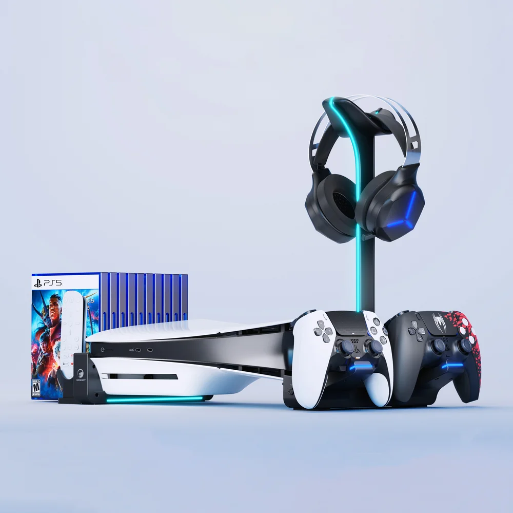 Stand Horizontal Cooling Chatging Station RGB Light Headset Remote Holder for Playstation 5