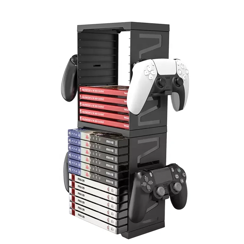 24-Slot Universal Game Disc Storage Tower with Dual Controller Brackets
