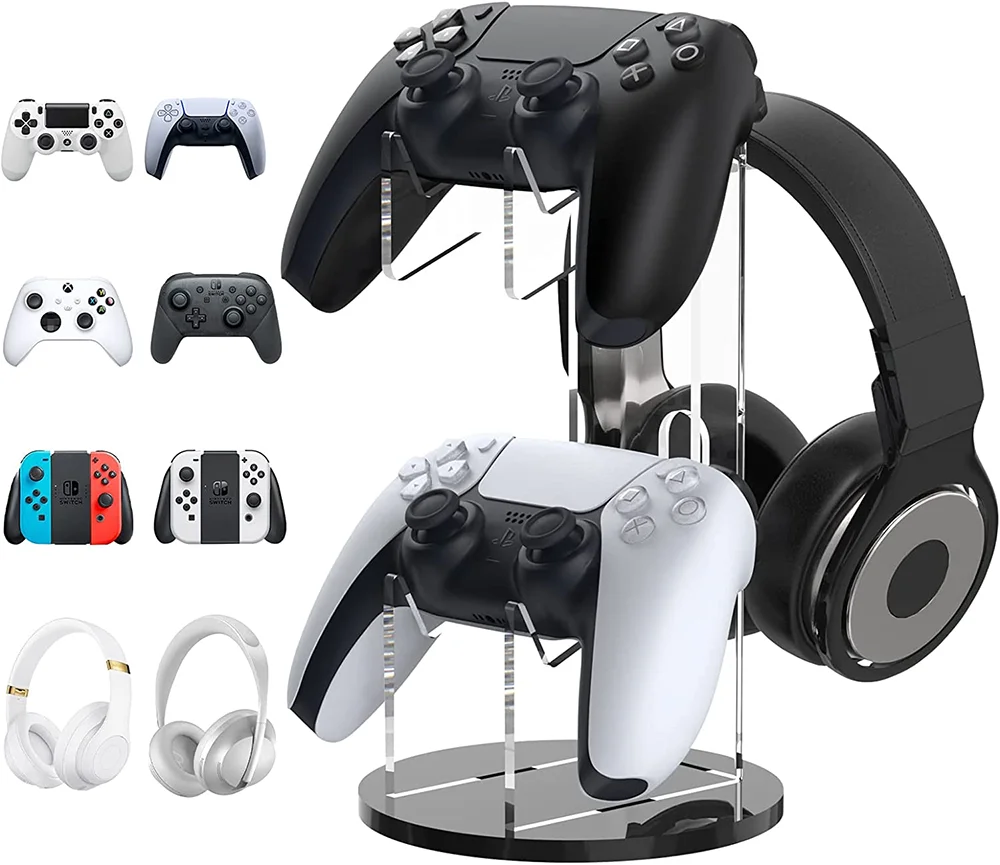 Universal Desktop Acrylic Dual Controller & Headphone Hanger Stand