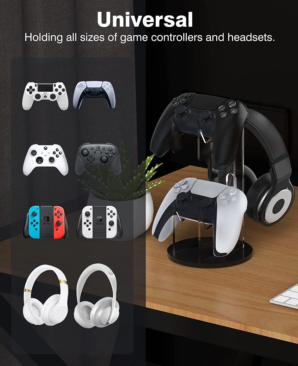 Universal Desktop Acrylic Dual Controller & Headphone Hanger Stand - Gallery Image 2